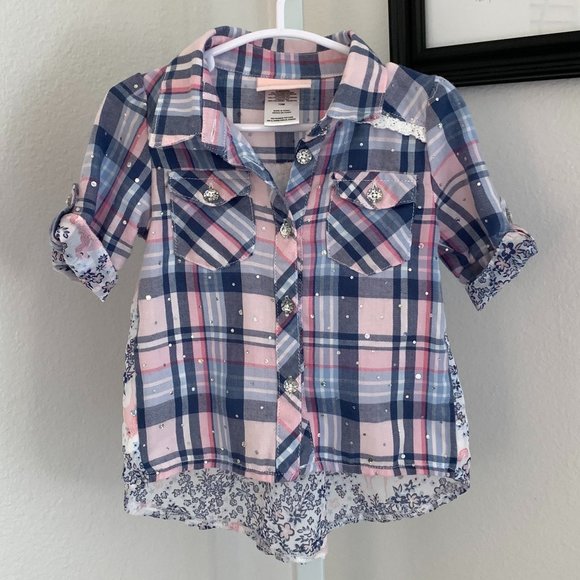 LITTLE LASS High/Low Top, Plaid w/Crystals and Rhinestones, Size: 12 mo. - Picture 2 of 12